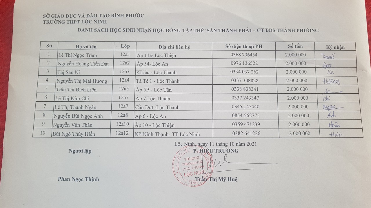Ds HS nhận học bổng