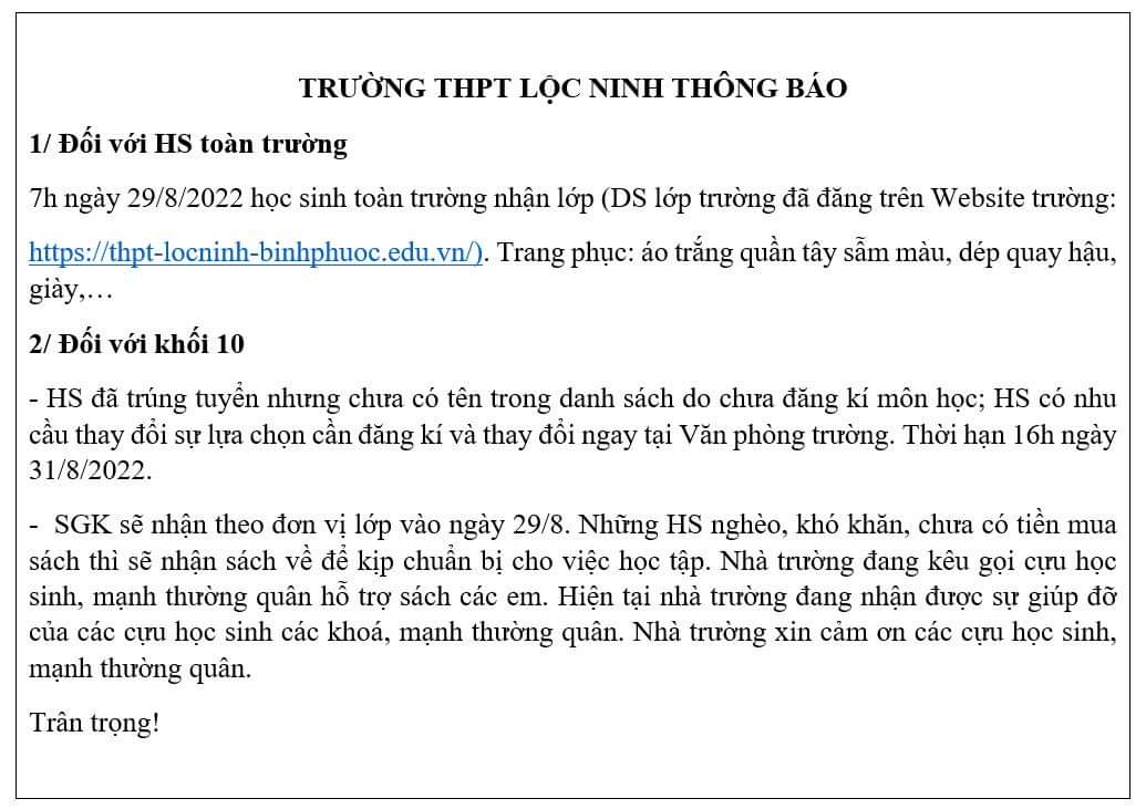 thông báo tựu trường